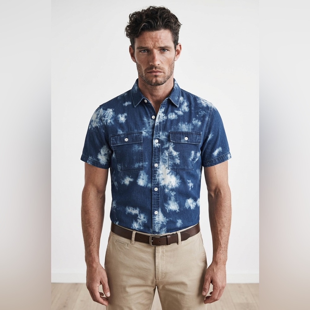 🌀‎ Forever 21 Men’s Tie Dye Denim Shirt | Short Sleeve Button-Up | Size M